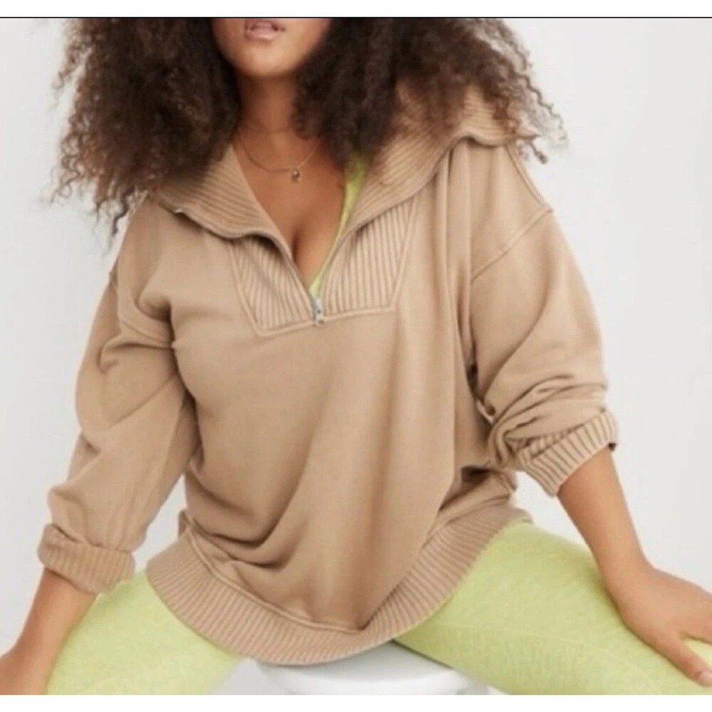 Aerie Down To Earth Tan Size XS 1/4 Zip Up Cotton Blend Pullover Sweatshirt